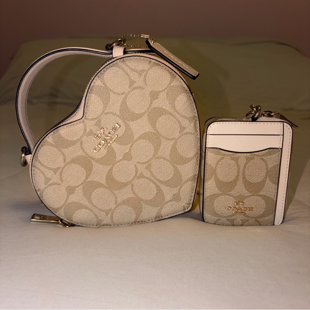 Coach Heart Crossbody Bag + Card Holder Set in Canvas Chalk Signature